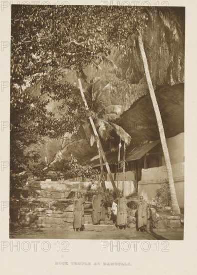 Exterior of the Dambulla Cave Temple, Sri Lanka, page, photomechanical print, Four monks stand in the foreground., title: 'ROCK TEMPLE AT DAMBULLA.', photographer: Henry William Cave, Dambulla, cliché maker: anonymous, 1896, South Asia, paper, Woodburygravure, height 184 mm x width 137 mm, Print on second endpaper., temple, shrine, Hinduism, Buddhism, Jainism, rock-formations, temple servants, Golden temple of Dambulla, A tall rocky overhang fills the upper area with rough textured stone and hanging foliage, several slender palm trunks rising from the ground and leaning against the rock, a low stone wall and stepped stone platform in front of a simple building with a sloped thatched roof and plain plaster walls, a group of people standing on the steps and in front of the wall wearing long draped garments, dense tree branches and leaves framing the left side of the scene.