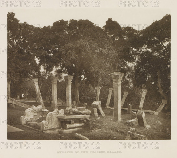 Ruins of the Mayura Pirivena monastic complex at Anuradhapura, Sri Lanka, page, photomechanical print, title: 'REMAINS OF THE PEACOCK PALACE.', photographer: Henry William Cave, Anuradhapura, cliché maker: anonymous, 1896, South Asia, paper, Woodburygravure, height 148 mm x width 185 mm, Print for page 73., column, pillar, architecture, ruin of a dwelling, house, castle, A sepia-toned photograph showing a grassy outdoor area with scattered carved stone architectural fragments and upright stone columns, some leaning and some topped with carved capitals, arranged among low broken walls and ornamental stone scrolls; large dense trees with abundant foliage form a backdrop across the top half of the image, and the ground is strewn with additional stone slabs and rubble.