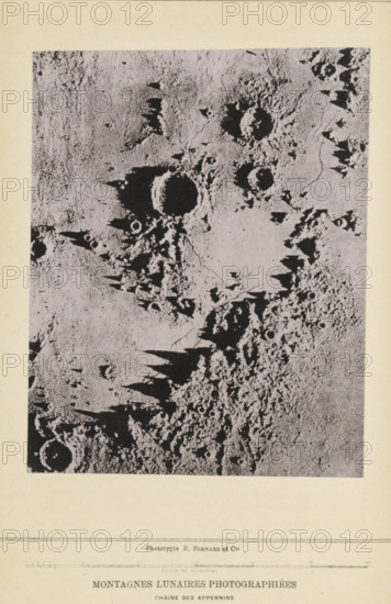 Montagnes lunaires photographiées, Plaster model, representing the surface of the Moon, page, photomechanical print, inscription: 'Chaine des appenins', number: 'PL. III', photographer: James Nasmyth, cliché maker: Bernard & Cie, c. 1874 - in or before 1884, paper, collotype, photoprint, height 155 mm x width 122 mm, surface of the moon, Moon, A rectangular grayscale photograph with irregular dark circular depressions and raised jagged shadows on a textured pale surface, showing rough cratered terrain with sharp angular protrusions and uneven granular areas, surrounded by a wide pale border.