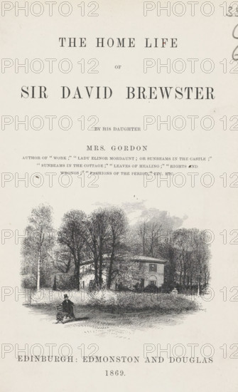 The home life of Sir David Brewster, book, writer (clerical worker): Margaret Maria Gordon, publisher: Edmonston & Douglas, Edinburgh, 1869, writer (clerical worker), textile materials, paper, linen (material), Woodburytype, height 201 mm x width 140mm x thickness 35mm, A pale page with dark printed lines forms a title layout above an engraved scene; the upper area is mostly empty space with centered rows of large, bold letterforms, and a smaller line of text beneath them. The engraved illustration shows a cluster of tall leafed trees and bare-branched trees surrounding a rectangular two-story building with an arched doorway and windows, set behind low shrubbery. In front of the trees a man wearing a top hat sits in a small wheeled carriage or chair on a grassy area, and the foreground shows textured grass and shadowing. The bottom edge of the page displays a wide band of printed text in a large typeface across the page.