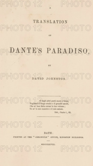 Translation of Dante's Paradiso, book, writer (clerical worker): Dante Alighieri, writer (clerical worker): David Johnston, 1868, Dante Alighieri, David Johnston, writer (clerical worker), textile materials, paper, linen (material), albumen print, color on cut, height 220 mm x width 145mm x thickness 20mm, A vertically oriented aged page with a pale tan background and darker speckles, showing large centered lines of serif printed text in various sizes, horizontal dividing lines, and a short block of smaller centered printed lines toward the middle, all set with ample blank margins and slight discoloration spots across the surface.