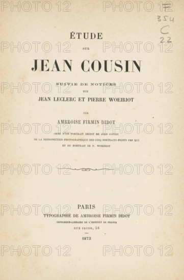 Etude sur Jean Cousin suivie de notices sur Jean Leclerc et Pierre Woeiriot, book, writer (clerical worker): Ambroise Firmin-Didot, Paris, 1872, writer (clerical worker), paper, printing, albumen print, height 248 mm x width 159 mm x thickness 21 mm, A vertically oriented aged paper page with darker edges and scattered small foxing spots, centered decorative typographic layout elements and a horizontal ornamental flourish near the middle, and a column of handwritten markings in pencil near the top right corner.