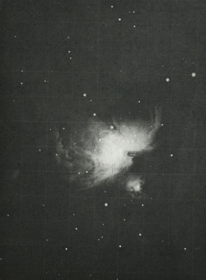 Photographic reproduction of a print after a painting, depicting a self-portrait of Rembrandt with his wife Saskia, photograph, reproduction, page, after print by anonymous, after painting by Rembrandt van Rijn, c. 1859 - in or before 1869, photographer, after print by, paper, albumen print, height 158 mm x width 129 mm, portrait, self-portrait of painter, the prodigal son in the midst of prostitutes feasting and dissipating his patrimony, usually in a brothel or inn, A dark, grainy background scattered with many small bright dots and circular points of light of varying sizes, with a large diffuse bright cloud-like formation occupying the upper central area and extending slightly to the right, and a smaller denser bright knot below it; faint streaks and wispy extensions emerge from the cloud, and the overall scene has a monochrome, high-contrast appearance.