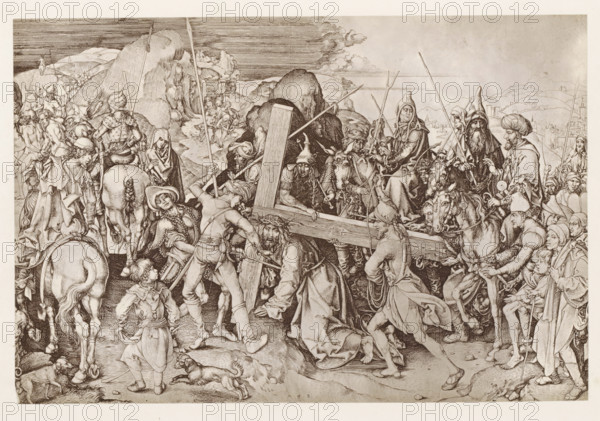 Photo reproduction of a print, depicting Christ carrying the cross, photograph, reproduction, page, after print by Martin Schongauer, c. 1859 - in or before 1869, Martin Schongauer, photographer, after print by, paper, albumen print, height 124 mm x width 186 mm, Christ collapsing, carrying of the cross, A crowded monochrome scene rendered in fine linework shows a central bearded figure wearing a crown of thorns leaning forward under a large wooden beam carried and pushed by several men and surrounded by soldiers, riders, and onlookers; horses with bridles and decorative tack appear amid spears and long poles held upright, and various people wear hats, helmets, cloaks, and robes with detailed folds and textures while some figures gesture or grasp at the beam. In the foreground a small child stands with hands on hips near a dog at the figures' feet, and other dogs and animals appear among boots and sandaled feet. To the left a horse seen from behind and a procession of people climb a ro...