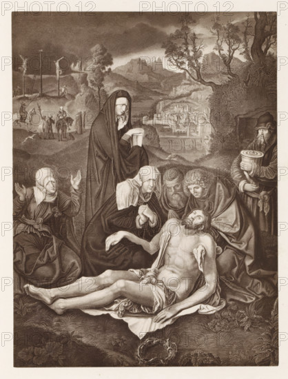 Photo reproduction of a print after a painting, depicting the Descent from the Cross, photograph, reproduction, page, after print by anonymous, after painting by Albrecht Dürer (attributed to), c. 1859 - in or before 1869, photographer, after print by, Attributed to, paper, albumen print, albumendruk, height 177 mm x width 129 mm, Christ is laid down, descent from the cross, A monochrome engraving depicting a group of mourners gathered around a limp, partially draped male figure lying on the ground, his head tilted back and eyes closed. Surrounding him are figures in long robes and head coverings, some with clasped hands and sorrowful faces, one woman raising her hands, another woman in a dark cloak holding a cloth and a vessel. Behind the group a bearded man in a hood holds a round lidded container. In the background a hilly landscape stretches toward distant rocky peaks and a fortified town with bridges, while on a ridge to the left three crucifixes stand with small figures and rider...