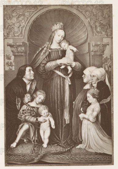 Photo reproduction of a print after the painting Darmstadt Madonna, photograph, reproduction, page, after print by anonymous, after painting by Hans Holbein (II), c. 1859 - in or before 1869, photographer, after print by, paper, albumen print, height 185 mm x width 122 mm, Madonna: ie Mary with the Christ-child (donor(s), supplicant(s), whether or not with patron saint(s)), A crowned woman in a long flowing robe stands beneath a scallop-shaped niche holding a small nude child who rests against her shoulder, while a man kneels to her left looking upward and clasping his hands, a young boy beside him supports another small nude child, and on the right two women in head coverings stand facing inward with a girl in a detailed gown and ornate headdress kneeling and holding a string of beads; architectural columns with carved foliage and decorative panels flank the niche, and an ornate patterned carpet covers the floor beneath the group.