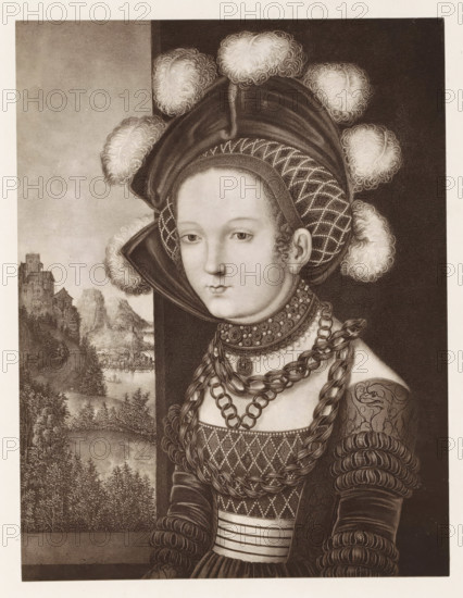 Photo reproduction of a print after a painting, depicting a lady-in-waiting dressed as Salomé, photograph, reproduction, page, after print by anonymous, after painting by Lucas Cranach (I), c. 1859 - in or before 1869, photographer, after print by, paper, albumen print, height 170 mm x width 128 mm, historical persons not known by name - BB - woman, Salome (not in biblical context), A monochrome portrait of a young woman shown from the waist up, wearing an ornate headdress with a rounded cap and multiple fluffy pompom-like decorations, and a netted band around the top of her head; her hair is styled in small curls at the temples. She has a composed facial expression with slightly downcast eyes and closed lips. She wears a high, richly decorated collar with beads and chains, multiple layered necklaces including heavy linked chains, and a patterned bodice with intricate woven or diamond-shaped detailing. Her sleeves are puffed and textured with rows of rounded padding and embroidered pat...