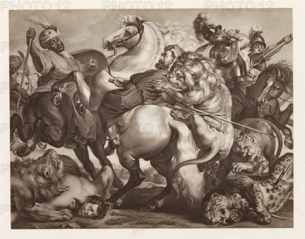 Photo reproduction of a print depicting a lion hunt, photograph, reproduction, page, after print by Jonas Suyderhoef, c. 1859 - in or before 1869, Jonas Suyderhoef, photographer, after print by, paper, albumen print, albumendruk, height 132 mm x width 172 mm, lion hunt, hunter fighting a lion, A detailed monochrome scene showing several men on horseback engaged in a violent struggle with lions; horses rear and twist, their muscles and flowing manes rendered with fine shading, while men wear varied headgear including a turban and helmets and grip spears and reins; a large lion clamps onto a rider's torso, another lion lies on the ground with a spear nearby, and a fallen man's head rests on the ground amid the commotion; the composition fills the frame with dynamic figures, animals, limbs, weapons, and drapery, all depicted in intricate line work and tonal contrasts.