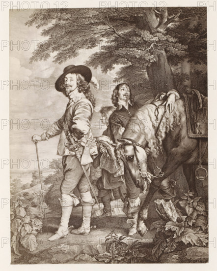 Photographic reproduction of a print after the painting Le Roi à la chasse, photograph, reproduction, page, after print by anonymous, after painting by Anthony van Dyck, c. 1859 - in or before 1869, photographer, after print by, paper, albumen print, height 163 mm x width 127 mm, ruler, sovereign, horse, hunting, chase, A detailed monochrome engraving shows three men standing beneath a large tree beside a horse with a decorated bridle; the man in front wears a wide-brimmed hat with a feather, a ruffled collar, a doublet, breeches, and high boots, and he holds a walking cane while looking outward; behind him a younger man in similar period clothing is partially visible and looks down, while a third man stands nearer the horse with his hand resting on its mane and wears a collar and cloak; the horse's head is lowered and its mane falls in wavy locks, and ornate tack and a hanging strap are visible; the ground around them features foliage and large leaves, and the background includes a di...