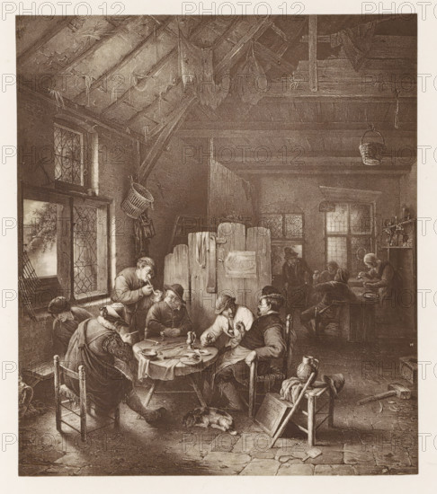 Photo reproduction of a print after a painting, depicting the interior of an inn, photograph, reproduction, page, after print by anonymous, after painting by David Teniers, c. 1859 - in or before 1869, photographer, after print by, paper, albumen print, height 126 mm x width 189 mm, inn, coffee-house, public house, interior, representation of a building, An interior scene shows a dimly lit room with exposed rafters and wooden beams, baskets and objects hanging from the ceiling, leaded windows with diamond panes, and a central table covered with a cloth where several seated people lean in and interact; one person pours from a small vessel while others hold pipes or cups, and a dog lies on the floor nearby; wooden chairs, stools, a folding screen with a mounted image, shelves with vessels and tools, a jug on a stool, scattered small objects on the tiled floor, and a doorway opening to an exterior view are also visible.
