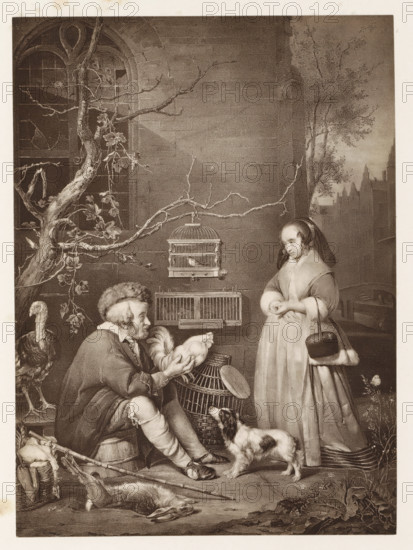 Photo reproduction of a print after a painting, depicting an old man selling birds, photograph, reproduction, page, after print by anonymous, after painting by Gabriël Metsu, c. 1859 - in or before 1869, photographer, after print by, paper, albumen print, height 175 mm x width 128 mm, merchant, salesman, birds, A sepia-toned scene shows a seated older man holding a rooster while facing a standing young woman in a long dress and cloak who holds a small muff-like bag; a small dog stands alert between them looking up at the man; a wicker basket and a covered cage sit near the man and more cages hang on the wall behind; a bare twisted tree branch grows near a tall arched window with decorative panes on the left and delicate foliage climbs the wall on the right with distant rooflines beyond; a turkey stands behind the man and game animals lie on the ground in the foreground.