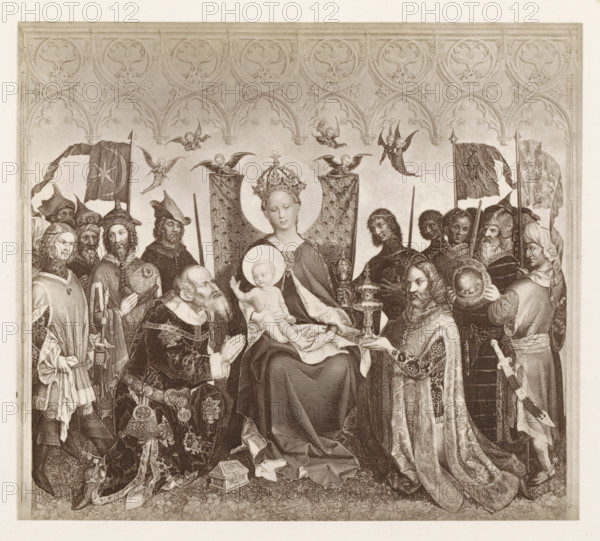 Photo reproduction of a print after a painting, depicting the Adoration of the Magi, photograph, reproduction, page, after print by anonymous, after painting by Stefan Lochner, c. 1859 - in or before 1869, photographer, after print by, paper, albumen print, height 132 mm x width 146 mm, adoration of the kings: the Wise Men present their gifts to the Christ-child (gold, frankincense and myrrh), A central seated woman wearing a crown holds a baby on her lap, both with halos, surrounded by a group of standing and kneeling figures in ornate robes and armor; two tall decorated banners rise behind the central figures, and small winged cherubs fly near the top; the background features an arched decorative frieze with repeating carved motifs; several men hold objects such as a chalice, a spherical object, and staffs, and flags with torn edges appear at the sides; detailed patterned fabrics, embroidered cloaks, and richly textured garments cover the figures, and a small ornate box rests on the ...