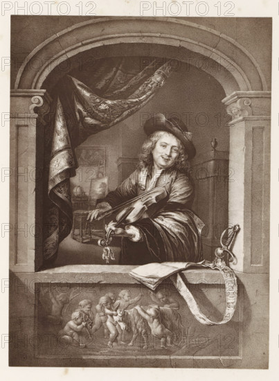 Photo reproduction of a print after a painting, depicting a violin player, photograph, reproduction, page, after print by anonymous, after painting by Gerrit Dou, c. 1859 - in or before 1869, photographer, after print by, paper, albumen print, albumendruk, height 172 mm x width 128 mm, violin, fiddle, one person playing string instrument (bowed), A framed sepia engraving shows a smiling man with long hair wearing a wide-brimmed hat and a draped cloak, positioned behind a stone ledge and holding a violin and bow in his hands. He stands beneath a rounded archway with carved pilasters on either side and patterned drapery hanging to one side. Behind him an interior space contains an easel, a small table, and a globe-like object. On the ledge in front of him lie folded sheets of paper and a decorative sword with an ornate hilt and a long, patterned strap that hangs down. Below the ledge is a carved relief panel depicting a group of cherubic children interacting with a small goat. The image ...