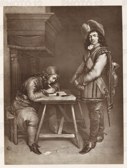 Photo reproduction of a print after a painting, depicting an officer writing a letter and a trumpeter, photograph, reproduction, page, after print by anonymous, after painting by Gerard ter Borch (II), c. 1859 - in or before 1869, photographer, after print by, paper, albumen print, height 175 mm x width 131 mm, officer, handwriting, writing as activity, interior, representation of a building, A sepia-toned scene shows two men in historical clothing beside a wooden table; one man sits on a stool leaning forward to write on a sheet with a pen while resting his arm on the table, wearing a fitted jacket with visible sleeve detail and loose trousers, his hair shoulder-length and wavy. The other man stands with one hand resting near his waist and the other arm relaxed, dressed in a long coat with decorative trim, a sash across his chest, a wide-brimmed feathered hat, boots with turned toes, and a sword and powder horn at his side. The table is simple with crossed legs and small objects on to...
