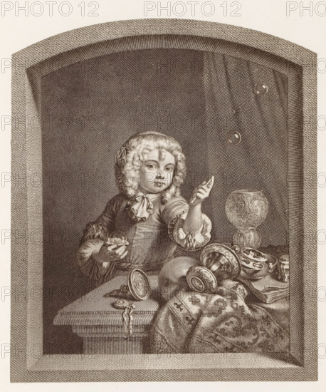 Photo reproduction of a print after a painting, depicting a boy blowing bubbles, photograph, reproduction, page, after print by anonymous, after painting by Frans van Mieris, c. 1859 - in or before 1869, photographer, after print by, paper, albumen print, height 154 mm x width 113 mm, (children or putti) blowing bubbles, 'Homo Bulla', scene symbolizing 'Vanitas', bubble-blowing (children's games and plays), A sepia-toned engraving shows a child with curly hair and a ribbon, wearing a ruffled collar and puffed sleeves, seated behind a table. The child holds a small round object in one hand and gestures with the other toward floating translucent bubbles. The table is cluttered with ornate goblets and metal vessels, some overturned, and a patterned cloth draped over the edge. A decorative goblet stands upright near the child, and a few scattered small objects lie on the table surface. The scene is set within an arched niche framed by textured shading.