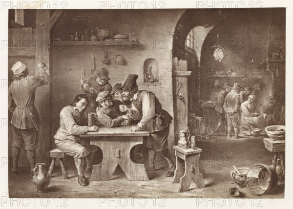 Photo reproduction of a print after a painting, depicting the interior of an inn, photograph, reproduction, page, after print by anonymous, after painting by Adriaen van Ostade, c. 1859 - in or before 1869, photographer, after print by, paper, albumen print, height 153 mm x width 130 mm, hotel, hostelry, inn, interior, representation of a building, A sepia-toned scene of an interior with wooden beams and a brick archway, showing a group of men gathered around a sturdy wooden table where one man sits on a small stool holding a tall mug while others lean in close, one man clasping another's hand and another standing behind holding a small tankard; nearby a man seen from behind stands with a hand on a doorframe, and various pottery and pitchers sit on the floor and on shelves; the background through the archway reveals more people clustered near a hearth and shelves with bowls and utensils, hanging poultry suspended from a hook, barrels and buckets on the floor, and a small window set int...
