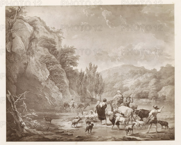 Photo reproduction of a painting, depicting a company crossing a river, photograph, reproduction, page, after painting by Nicolaes Pietersz Berchem, c. 1859 - in or before 1869, photographer, paper, albumen print, height 128 mm x width 162 mm, crossing a river, A sepia-toned landscape showing a rocky cliff with trees on the left and rolling hills in the background under a clouded sky, a shallow water crossing in the foreground with sheep and cattle wading, several people guiding the animals including a figure seated on a mule and others standing or bending, one person holding a long staff, leafy trees rising near the center, and a dog among the animals.