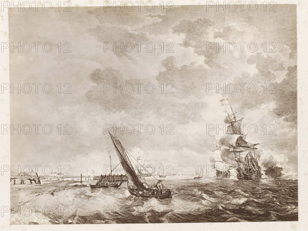 Photo reproduction of a print after a painting, depicting ships at sea, photograph, reproduction, page, after print by anonymous, after painting by Ludolf Bakhuysen, c. 1859 - in or before 1869, photographer, after print by, paper, albumen print, height 125 mm x width 170 mm, ships (in general), sea, A monochrome scene showing a coastal seascape with expansive cloud-filled sky above a choppy sea, boats and ships on the water, a smaller sailboat in the foreground with figures aboard and a larger multi-masted ship with furled and billowing sails further out, a low shoreline with wooden piers and posts along the left side, waves breaking near the shore, and finely detailed etching-style lines throughout the image.
