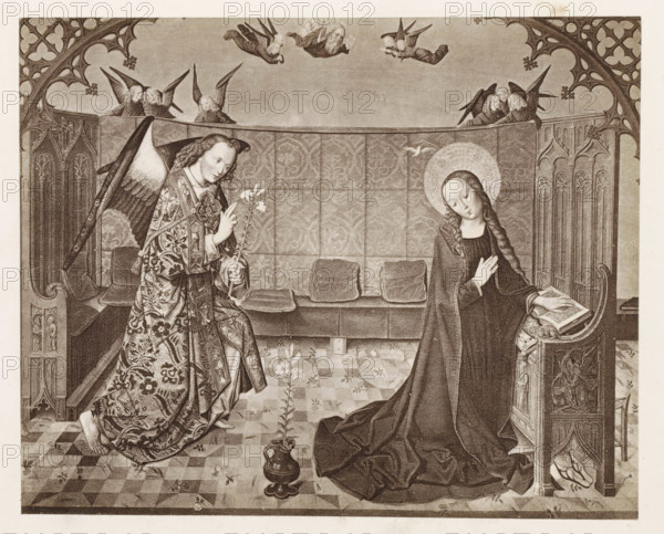 Photo reproduction of a print after a painting, depicting the Annunciation, photograph, reproduction, page, after print by anonymous, after painting by Master of the Lyversberg Passion, c. 1859 - in or before 1869, photographer, after print by, paper, albumen print, height 129 mm x width 161 mm, the Annunciation: Mary kneeling, A detailed monochrome scene shows an angel with patterned robes and large wings approaching a seated woman with a halo, who wears a dark flowing cloak and rests one hand on an open book while the other touches her chest. The setting includes a checkered floor with scattered small flowers, a tall vase holding a slender flowering stem between the figures, cushioned benches behind them, an ornately carved wooden lectern supporting the book, and decorative Gothic-style architectural panels framing the space. Several small winged figures hover above the central partition, and a small bird appears near the haloed woman's head. The angel holds a long flowering stalk an...