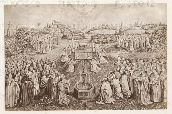 Photo reproduction of a print after a painting, depicting Luke drawing the Madonna, photograph, reproduction, page, after print by anonymous, after painting by Rogier van der Weyden, c. 1859 - in or before 1869, photographer, after print by, paper, albumen print, height 166 mm x width 132 mm, St. Luke painting or drawing the Madonna (i.e. Mary and the Christ-child), sometimes Joseph present, A wide detailed engraving showing a large outdoor gathering of robed figures arranged on either side of a central ornate structure and a fountain, with many figures kneeling and standing in clusters wearing long flowing garments and head coverings; angels with wings are positioned near a decorated box atop a pedestal in the center, and a lamb stands beside the box near a cross; the foreground is filled with closely packed people including figures wearing miters and crowns, holding books and staffs, while the midground shows rows of trees and groups of standing figures extending into the landscape; ...