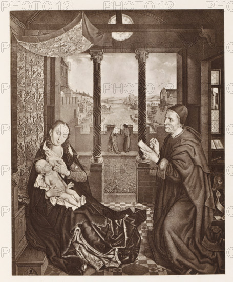 Photo reproduction of a print of a painting, depicting the Adoration of the Magi, photograph, reproduction, page, after print by anonymous, after painting by Rogier van der Weyden, c. 1859 - in or before 1869, photographer, after print by, paper, albumen print, height 132 mm x width 150 mm, adoration of the kings: the Wise Men present their gifts to the Christ-child (gold, frankincense and myrrh), A seated woman cradles an infant against patterned drapery while a robed man stands opposite holding a small book and a writing instrument; they are inside a room with a tiled floor and ornate twisted columns framing an open view to a river and distant buildings, with two small figures standing on a balcony outside and a circular window near the ceiling above.
