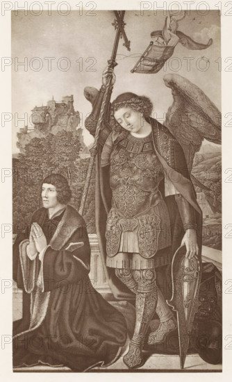 Photo reproduction of a print of a painting, depicting the Archangel Michael, photograph, reproduction, page, after print by anonymous, after painting by Jan Gossart, c. 1859 - in or before 1869, photographer, after print by, paper, albumen print, height 193 mm x width 109 mm, the Archangel Michael (often in armor with sword or lance), A monochrome image of two figures set against a landscape with distant buildings and trees, one figure kneeling in a dark robe with fur trim and hands clasped in prayer, the other standing beside them wearing ornate armor with intricate floral and scrollwork patterns, a large feathered wing extending from the standing figure's shoulder, the standing figure holding a tall staff topped with a decorative cross and a helmet at their side, a flowing cloak draped over the armor, finely detailed greaves and boots, a banner or cloth with folds appearing near the top, and textured background elements including rocky hills and distant architectural structures.