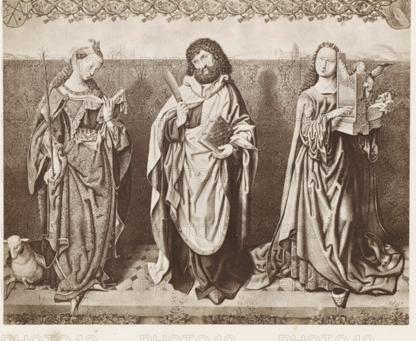Photo reproduction of a print of a painting depicting Saint Bartholomew, Agnes and Cecilia, photograph, reproduction, page, after print by anonymous, after painting by Master of the Bartholomew Altar, c. 1859 - in or before 1869, Master of the Bartholomew's Altar, photographer, after print by, after painting by, paper, albumen print, height 128 mm x width 160 mm, the virgin martyr Cecilia of Rome, possible attributes: falcon, musical instruments, organ, wreath of roses and lilies, the apostle Bartholomew, possible attributes: book, devil or dragon at feet, knife, scroll, flayed skin, staff, the virgin martyr Agnes of Rome, possible attributes: lamb, ring, A grayscale, highly detailed drawing of three robed figures standing side by side against a patterned background, with a decorative band along the top; the central figure is a bearded man wearing layered drapery and holding a book in one hand and a long narrow object in the other, his cloak falling in folds to the patterned floor; the...