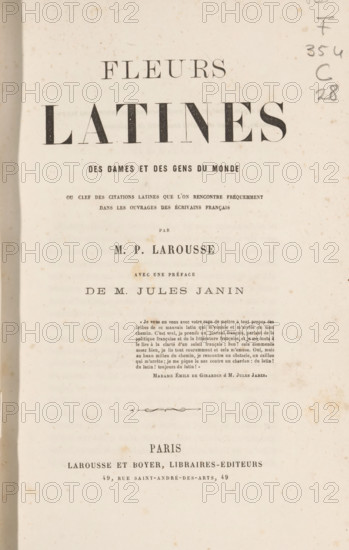 Fleurs latines des dames et des gens du monde, book, writer (clerical worker): Pierre Larousse, writer (clerical worker): Jules Gabriel Janin, publisher: Larousse & Boyer, Paris, 1861, writer (clerical worker), textile materials, pasteboard, paper, linen (material), printing, albumen print, combined marbled paper, height 239 mm x width 157 mm x thickness 39 mm, The image shows an aged book title page with a vertical crease near the left edge and scattered brown foxing spots across the paper; large bold typographic elements dominate the upper half with smaller blocks of printed lines below, and a decorative horizontal flourish sits near the center; the paper has a warm off-white tone and slight edge discoloration, with pencil markings visible along the right margin and lighter printed content toward the lower half of the page.
