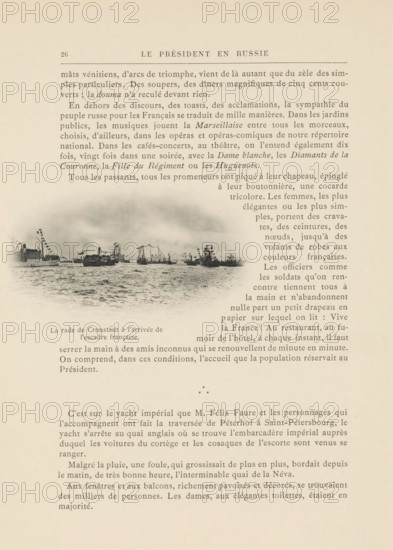 French squadron arriving in the harbor of Kronstadt, page, photomechanical print, inscription: 'La rade, française.', 1897, paper, collotype, photoprint, height 53 mm x width 99 mm, ships (in general), A faded page from a printed book showing a large block of French text with a centered heading near the top. Near the middle left of the page there is a small oval photographic vignette of a harbor scene with multiple ships on calm water and a low cloud or haze above them. The printed text surrounds the photograph and continues below it, and there are visible page margins and a page number at the top corner. The paper has an aged, slightly yellowed appearance.