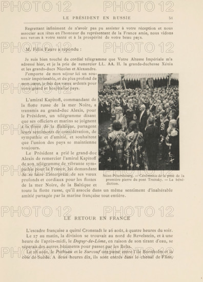 President Félix Faure and Tsar Nicholas II of Russia at the ceremony of laying the foundation stone of the Troitsky Bridge in Saint Petersburg, page, photomechanical print, inscription: 'Saint-Pétersbourg.-, La bénédiction.', 1897, paper, collotype, light print, height 75 mm x width 63 mm, Person, Nicholas II Alexandrovich (Tsar of Russia), Félix Faure, ruler, sovereign, official acts of rulers, eg royal acts (ruler giving audience, granting mercy, etc., ruler and his subjects), bridge, ceremonial laying of the foundations, laying the first stone, A yellowed page from a book or magazine with printed columns of text and a centered heading near the top, a rectangular black-and-white photograph inset on the right side of the page showing a crowded outdoor scene with many formally dressed men and a few women, some wearing ornate robes and uniforms, and a tent or canopy with patterned fringe visible above the crowd.