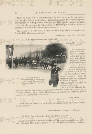 President Félix Faure and General Alexandr von Bilderling riding in a carriage through Saint Petersburg, page, photomechanical print, inscription: 'Saint-Pétersbourg., de la ville.', 1897, paper, collotype, photoprint, height 76 mm x width 104 mm, Person, Félix Faure, four-wheeled vehicle drawn by two animals, military parade, pageant, The image shows a page from an old printed document with a large rectangular black-and-white photograph inset near the center; the photograph depicts a street scene with a horse-drawn carriage surrounded by soldiers on horseback and a crowd of onlookers, buildings along the street at the left and a large tree at the right, and a uniformed figure seen from behind in the foreground holding a hat; surrounding the photograph are multiple blocks of printed text in a serif typeface across the page.