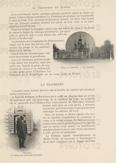 View of the chapel of the Peterhof palace complex and the caretaker, page, photomechanical print, inscription: 'Palais de Péterhof, du palais.', 1897, paper, collotype, photoprint, height 277 mm x width 200 mm, Prints on page 13., facade (of house or building), church (exterior) - QQ - small church, chapel, house-guard, doorkeeper, janitor, Saint Petersburg, Leningradskaya, Peterhof, Peterhof Palace Complex, A sepia-toned page from an old book with printed columns of text and a circular vignette image of an ornate baroque building with domes and spires set among trees, and a rectangular photograph inset showing a man in a dark uniform standing in front of a building entrance, the page showing aged paper texture and margins.