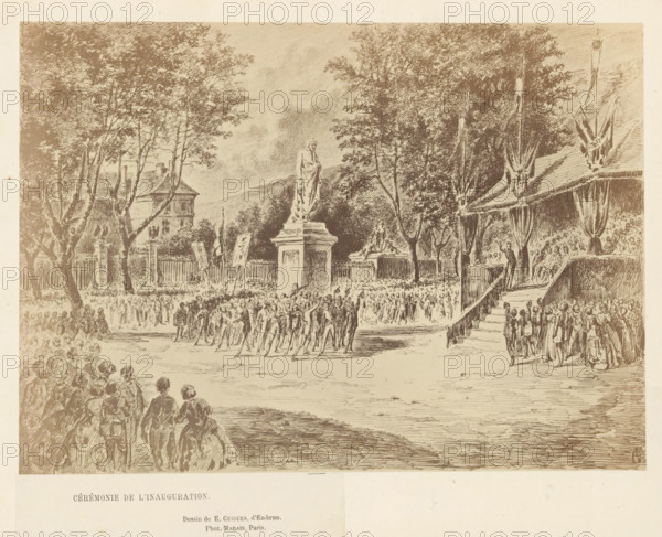 Photo reproduction of a drawing of the unveiling ceremony of the statue of Charles-François de Ladoucette by Jean Marcellin in Gap, Cérémonie de l'Inauguration, photograph, reproduction, page, photographer: Marais, Gap, after drawing by E. Guigues, 1866, Marais, E. Guigues, photographer, after drawing by, Provence-Alpes-Côte d'Azur, paper, albumen print, albumendruk, height 155 mm x width 215 mm, Person, Charles-François de Ladoucette, monument, statue, drawing, sketch, A large outdoor scene rendered in a monochrome sketch shows a central statue of a robed figure on a tall pedestal surrounded by a gathered crowd and trees, with groups of people standing and moving across an open paved area toward the statue, a raised platform with draped fabric and seated spectators to the right accessed by steps, tall trees framing the scene and a building partially visible behind the trees on the left, banners or flags on poles near the statue, and many small seated and standing figures filling the f...