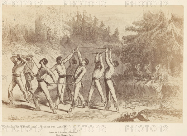 Dabse du Bacchu-Ber. -Figure des Carrés, Photo reproduction of a drawing of dancers doing the folk dance Bacchu-ber, photograph, reproduction, page, photographer: Marais, after drawing by E. Guigues, 1866, paper, albumen print, albumendruk, height 136 mm x width 210 mm, drawing, sketch, group of men (folk dancing), A sepia-toned sketch shows a group of men standing in a line outdoors, each holding a long pole overhead with both hands and leaning back with bent knees; they wear simple shirts, trousers, and sashes at their waists, and several have caps or headbands. To the right, a group of seated women in dresses and shawls sit beneath tree branches, their hands folded or resting in their laps, facing the men. The background features dense trees and foliage, with tall evergreens and a textured forested hillside, and the ground in the foreground is uneven with small plants and shaded areas.