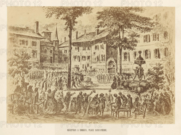 Photo reproduction of a drawing of a reception in Embrun after the unveiling ceremony of the statue of Charles-François de Ladoucette by Jean Marcellin in Gap, Réception a Embrun, Place Saint-Pierre, photograph, reproduction, page, photographer: Marais, Embrun, after drawing by E. Guigues, 1866, Provence-Alpes-Côte d'Azur, paper, albumen print, albumendruk, height 151 mm x width 216 mm, public festivities, drawing, sketch, A sepia-toned etching of a town square scene with many people gathered, showing buildings with pitched roofs and shuttered windows in the background, tall trees rising above the roofs, and a multi-tiered fountain with a sculptural figure in the foreground; crowds of men, women, and children stand and gesture across the square, some gathered near a raised platform and others along railings and benches, while a group forms around an archway or decorated entrance among the buildings; figures wear period clothing with long skirts, coats, and hats, and small architectural...