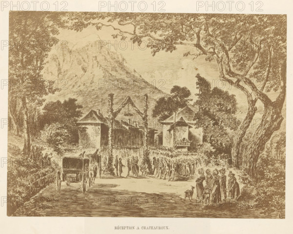 Photo reproduction of a drawing of a reception in probably Châteauroux after the unveiling ceremony of the statue of Charles-François de Ladoucette by Jean Marcellin in Gap, Réception a Chateauroux, photograph, reproduction, page, photographer: Marais, Châteauroux, after drawing by E. Guigues, 1866, paper, albumen print, albumendruk, height 157 mm x width 212 mm, public festivities, drawing, sketch, A sepia-toned illustration shows a mountainous backdrop framed by tall, leafy trees with twisting trunks and branches; in the middle ground there are buildings with pitched roofs and an entrance framed by vertical garlands, flanked by dense clusters of trees and shrubbery; in the foreground a carriage with visible wheels and a driver is positioned on a road where groups of people stand and walk, including adults and children in period clothing, some clustered in conversation and others forming a procession, with a dog near a small group at the right edge.