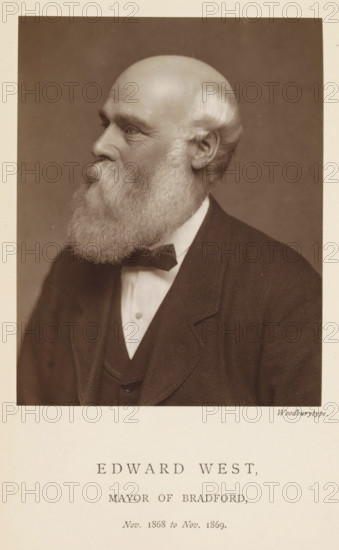 Portrait of Edward West, Edward West, mayor of Bradford, page, photomechanical print, inscription: 'Nov. 1868 to Nov. 1869.', photographer: Appleton & Co., Bradford (England), cliché maker: anonymous, c. 1871 - in or before 1881, paper, Woodburytype, Woodburytypepie, height 116 mm x width 91 mm, historical persons (portraits and scenes from the life) ((full) bust portrait)