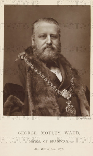 Portrait of George Motley Waud, George Motley Waud, mayor of Bradford, page, photomechanical print, inscription: 'Nov. 1876 to Nov. 1877.', photographer: Appleton & Co., Bradford (England), cliché maker: anonymous, c. 1871 - in or before 1881, paper, Woodburytype, Woodburytypepie, height 116 mm x width 91 mm, historical persons (portraits and scenes from the life) ((full) bust portrait), A sepia portrait of a bearded man shown from the chest up wearing a dark formal coat with a fur collar and an ornate chain of office draped across his chest, his hair is neatly combed back and he gazes directly at the camera with a neutral expression against a plain background.