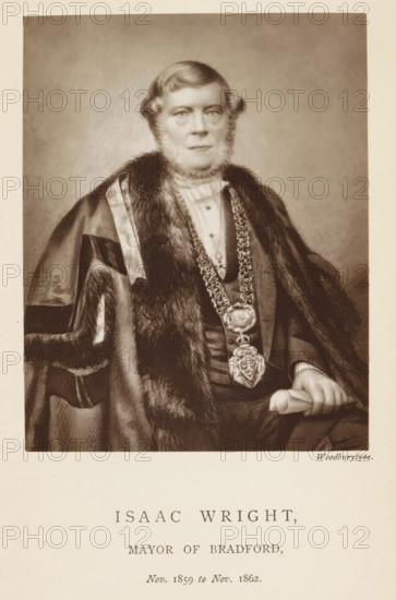 Photo reproduction of a drawing depicting a portrait of Isaac Wright, Isaac Wright, mayor of Bradford, reproduction, page, photomechanical print, inscription: 'Nov. 1859 to Nov. 1862.', photographer: Appleton & Co., Bradford (England), cliché maker: anonymous, c. 1871 - in or before 1881, paper, Woodburytype, height 117 mm x width 91 mm, historical persons (portraits and scenes from the life) ((full) bust portrait), A seated man wearing formal robes with a fur collar and elaborate chain or medallion around his neck is shown from the waist up; he has short wavy hair, sideburns, a neutral facial expression, and holds a rolled object in one gloved hand while the other arm rests on the chair, with a plain background behind him.