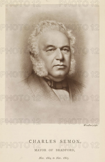 Charles Semon, mayor of Bradford, Photo reproduction of a drawing depicting a portrait of Charles Semon, reproduction, page, photomechanical print, inscription: 'Nov. 1864 to Nov. 1865.', photographer: Appleton & Co., Bradford (England), cliché maker: anonymous, c. 1871 - in or before 1881, paper, Woodburytype, height 121 mm x width 97 mm, Person, historical persons (portraits and scenes from the life) ((full) bust portrait), A sepia-toned engraved portrait of an older man shown from the shoulders up, facing slightly to his left, with a full rounded face, prominent cheeks, and short curly hair that frames his head and forms wide sideburns; he has straight brows and a composed expression with closed lips and neutral eyes. He is wearing a dark bow tied at the neck and a high-collared shirt beneath a textured coat, and the background is softly shaded with fine crosshatching that fades toward the edges. The image is set within a light rectangular border on a pale page.