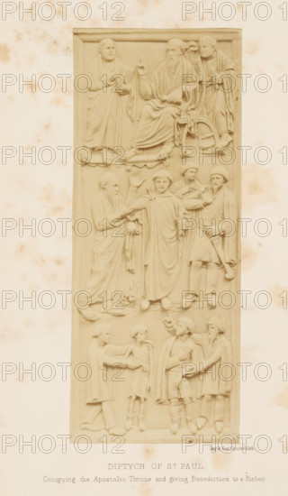Diptych of St. Paul, photograph, page, inscription: 'Occupying the Apostolic Throne and giving Benediction to a Bishop', c. 1858 - in or before 1868, photographer, paper, albumen print, height 175 mm x width 72 mm, throne, the apostle Paul of Tarsus, possible attributes: book, scroll, sword, sculpture (relief, sculpture), A vertical carved panel in a light beige tone depicting three horizontal sections of robed figures in relief, with the top section showing seated and standing older men, the middle section featuring standing men in long robes with one figure raising an arm and others gesturing toward him, and the lower section presenting additional standing figures in simpler robes and cloaks interacting with one another; the panel is set against a pale, slightly spotted background and framed by a narrow border.