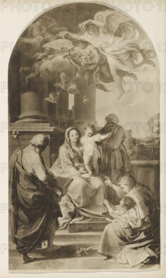 Photo reproduction of a painting depicting Mary with Child and saints, reproduction, page, photomechanical print, photographer: Giacomo Brogi, cliché maker: anonymous, after painting by Pompeo Batoni, c. 1872 - in or before 1882, paper, rotogravure, height 243 mm x width 136 mm, Print is loose at the back of the book., Mary sitting on steps or a staircase, Madonna-representations, A tall arched monochrome image showing a seated woman draped in flowing fabric holding a child who stands on her lap, surrounded by several standing and kneeling figures in robes. Above them, winged angels float among clouds, one holding a garland and another with a bowl of flowers, while small cherubic heads and birds appear in the cloud area. Architectural elements including a large rounded column and a balustrade form the background, and distant trees and a tower are visible through an opening. The figures display varied poses and gestures, with one man reading from a large book, an older bearded man stand...