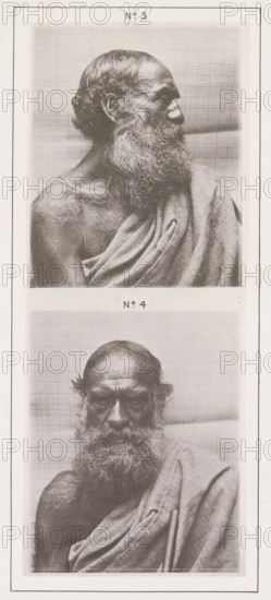 Two portraits of an old Todaman, page, photomechanical print, Above a profile photo, below a front view., number: 'No. 4', number: 'No. 3', photographer: Bourne & Shepherd, Nilgiris, photographer: Nicholas & Curths, clichémaker: anonymous, printer (person): Autotype Printing Company, London, c. 1863 - in or before 1873, printer (person), paper, collotype, photogravure, height 216 mm x width 138 mm, old man (front view), A tall rectangular print showing two black-and-white portrait photographs stacked vertically, each framed within the page; both portraits depict an older man with a long beard and draped cloth over one shoulder against a lightly checked backdrop, the top image showing a profile view of the man's head turned to the side and the bottom image showing a frontal view with the man's eyes cast downward, with visible textured beard hair, exposed shoulder and upper chest, and folds of the draped fabric.