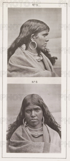 Two portraits of a Toda woman with earrings, page, photomechanical print, Above a profile photo, below a front view., number: 'No. 6', number: 'No. 5', photographer: Bourne & Shepherd, Nilgiris, photographer: Nicholas & Curths, clichémaker: anonymous, printer (person): Autotype Printing Company, London, c. 1863 - in or before 1873, printer (person), paper, collotype, photogravure, height 216 mm x width 138 mm, ear-rings, adult woman (sideview, profile), A vertical composite of two black-and-white portrait photographs of the same woman, the top image showing her in profile facing right with long dark hair, a large hoop earring, layered necklaces, and a draped blanket over her shoulders against a plain grid background, and the bottom image showing her facing forward with the same long hair parted in the middle, large hoop earrings, multiple necklaces including a prominent central ornament, and the same draped blanket, all within a bordered frame.