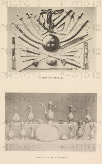 Armes de Boukhara. Collection de Kounganes, Two collections of objects from Central Asia, page, photomechanical print, Top: coat of arms from Bukhara, bottom: teapots and a tray., name: 'Silvestre et Cie, 97, rue Oberkampf.', printer (person): Silvestre et Cie, Paris, c. 1869 - in or before 1885, printer (person), paper, collotype, photogravure, height 275 mm x width 190 mm, Prints opposite page 152., weapons, tea-pot, samovar, A rectangular print divided into two photographic panels showing arranged objects on a pale background, the upper panel displays a semicircular arrangement of curved swords and scabbards radiating outward from a central round shield with raised bosses, with smaller daggers, straps, and a pair of tasselled metal-handled clubs positioned below and narrow decorative belts or bands at the sides, the lower panel shows a table covered with a cloth holding a symmetrical display of ornate ewers and pitchers of varying heights, bowls, a large shallow round tray leaning a...