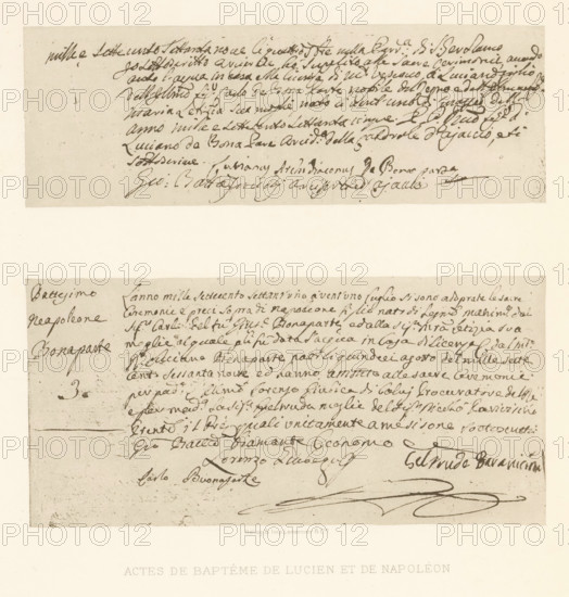 Actes de baptême de Lucien et de Napoléon, Two photo reproductions of the baptismal certificates of Lucien Bonaparte and Napoleon Bonaparte, reproduction, page, photomechanical print, photographer: Roland Napoleon Bonaparte, cliché maker: Lemercier & Cie., Paris, writer (clerical worker): Carlo Maria Buonaparte, c. 1881 - in or before 1890, writer (clerical worker), paper, photoaquatint, height 279 mm x width 223 mm, Page opposite page 20., handwriting, written text, A beige aged paper with two rectangular sections of cursive handwriting in dark brown ink, the upper section showing a narrow horizontal strip of densely written script and the lower section containing a larger block of flowing handwritten lines with a few prominent signatures and looping pen strokes near the bottom; margins around the handwritten areas are lighter and show small spots and uneven discoloration, and the overall image has a pale border with faint printed lettering centered along the bottom edge.