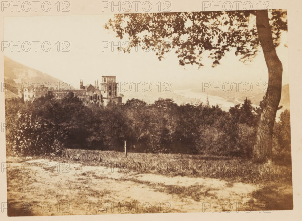 Heidelberg Castle, View of Schloss Heidelberg, photograph, page, photographer: Francis Frith, Heidelberg, c. 1855 - in or before 1865, Baden-Württemberg, paper, albumen print, height 116 mm x width 166 mm, castle, Schloss Heidelberg, A sepia-toned landscape photograph showing a grassy foreground with a small post, a dense band of trees and shrubs behind it, and an old multi-story stone building with towers and arched windows partially visible above the foliage to the left; a large tree trunk and branches frame the right side and upper part of the image, and a distant river and low hills are visible through a light haze in the background.