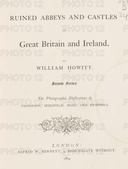 Ruined abbeys and castles of Great Britain and Ireland second series, book, name: 'Bound by Westleys & co London.', inscription: 'To Dear Mamma with her loving Daughter's best wishes A. ...th January 1. 1864', writer (clerical worker): William Howitt, publisher: Alfred William Bennett, London, 1864, William Howitt, Alfred William Bennett, writer (clerical worker), publisher, textile materials, paper, linen (material), albumen print, color on cut, height 226 mm x width 175 mm x thickness 25 mm, A cream-colored page with dark printed ornamental designs and type, showing a large decorative flourish near the center and a faded circular stain along the right edge, with smaller printed lines above and below and light spotting across the paper.