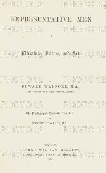 Representative men in literature, science, and art, book, inscription: 'ex libris SFJ', writer (clerical worker): Edward Walford, publisher: Alfred William Bennett, London, 1868, writer (clerical worker), textile materials, pasteboard, paper, linen (material), printing, albumen print, color on cut, height 227 mm x width 165 mm x thickness 22 mm, A vertically oriented page with dark printed headings and lines of ornate and regular type arranged down the center on a light cream background, showing variations in font style and weight, ornamental script lines interspersed with simple serif lines, and a few small smudges and faint blemishes on the paper.