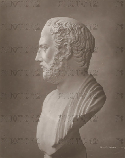 Portrait bust of Thucydides, page, photomechanical print, photographer: Charles David Winter, cliché maker: anonymous, c. 1868 - in or before 1878, paper, carbon print, height 184 mm x width 145 mm, sculpture, chest, bust, A grayscale photograph shows a classical marble bust in profile facing left, featuring a bearded man with wavy hair carved in detailed curls, a prominent nose, closed lips, and a defined jawline; the bust includes draped fabric over one shoulder and a smooth chest, all set against a plain dark background with a light border around the image.